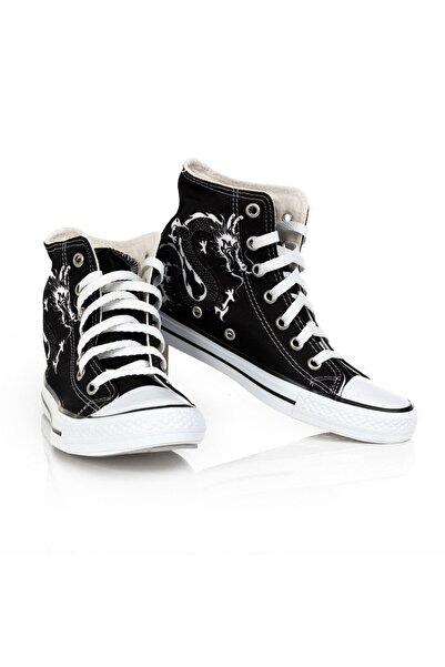 Lideral Unisex Black and White Dragon Printed Linen High Top Sneaker - Comfor...