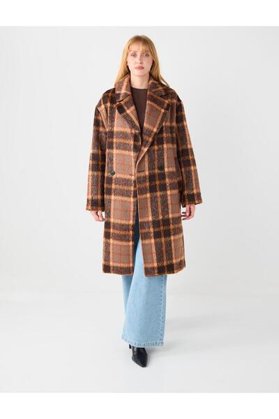Jimmy Key Orange Double-Breasted Collar Plaid Patterned Cashmere Coat