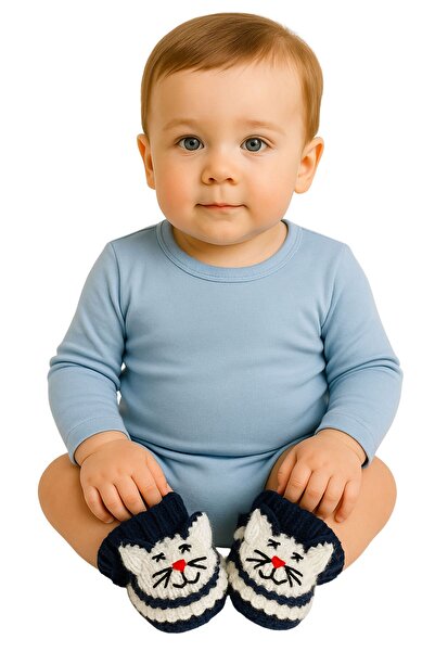 Uretti - Çiğdem 1390 5479 Hand Knitted Rabbit Patterned Navy Blue Baby Booties / 12 - 24 Months