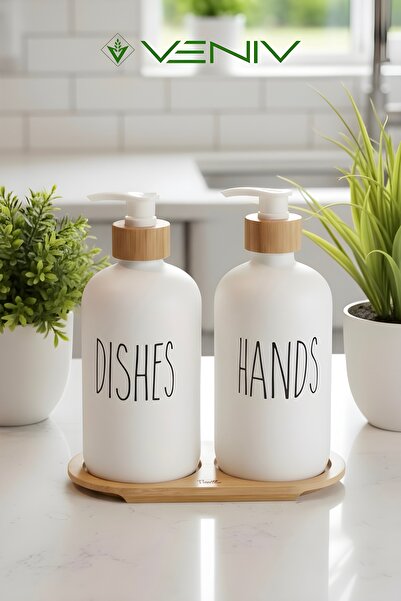 VENİV HOME Lavin 2-Piece White Kitchen Liquid Soap Dispenser Set - Bamboo Tra...