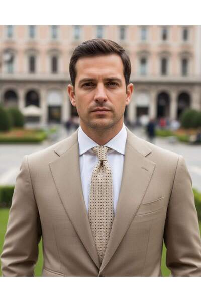 1001 Kravat Bej Renkli Klasik İpek Kravat 8 Cm Genişliğinde Kahverengi Desenli