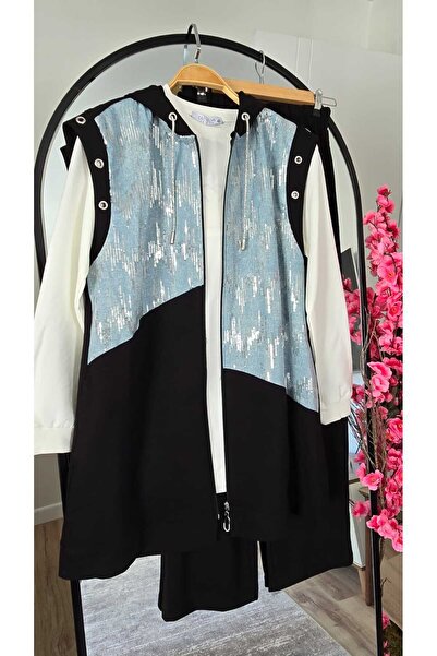 PREMİER VİE طقم نسائي مكون من 3 قطع – بنطلون أسود، سويت شيرت أبيض، وسترة من ق...