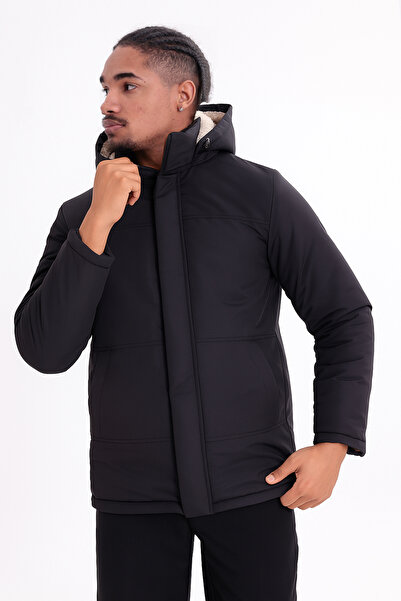 Montland Pánský černý zimní kabát a bunda s kapucí, plyšovou podšívkou, odolný proti vodě a chladu