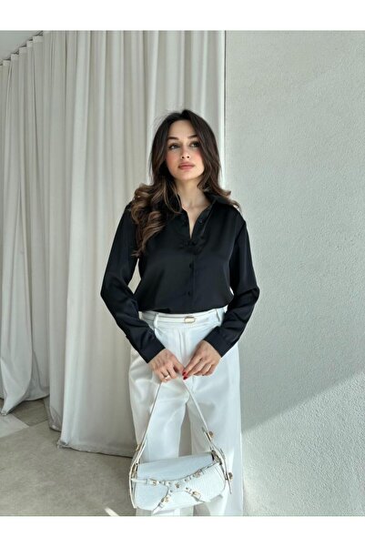 Rabia Çelik Cămașă de sezon din satin cu nasturi negre de damă