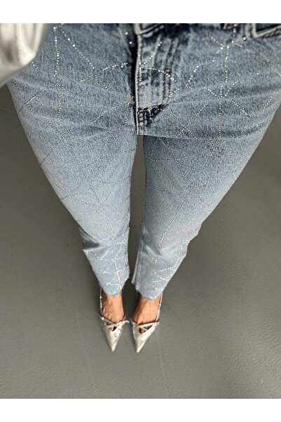 moda paketi High Waist Stone Printed Mom Jean