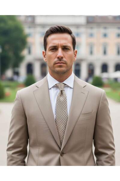 1001 Kravat Bej Renkli İpek Kravat 8 cm Genişliğinde Kahverengi Geometrik Desenli