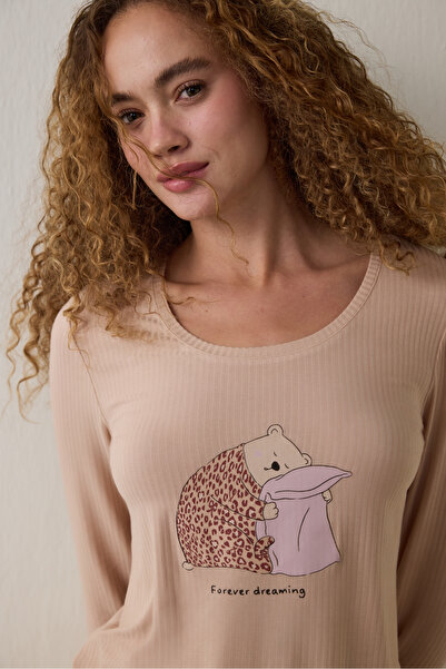 Penti Bej Dreaming Leopar Desenli Bisiklet Yaka Uzun Kollu Pijama Üstü