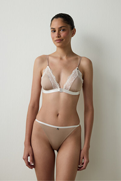 Penti Béžová podprsenka bez kostic a vycpávek s mikro krajkou ve tvaru trojúhelníku