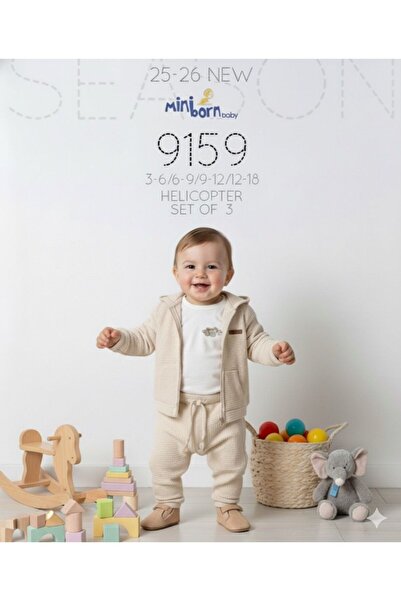 MİNİBORN Boy Baby Long Sleeve Natural Linen Helicopter Embroidered Hooded Thr...