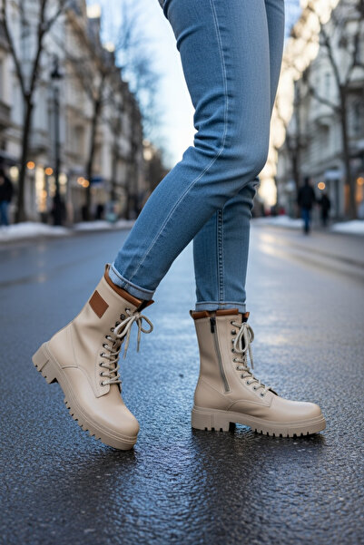 Y&D Shoes Women's Winter Beige Leather-Look Boots