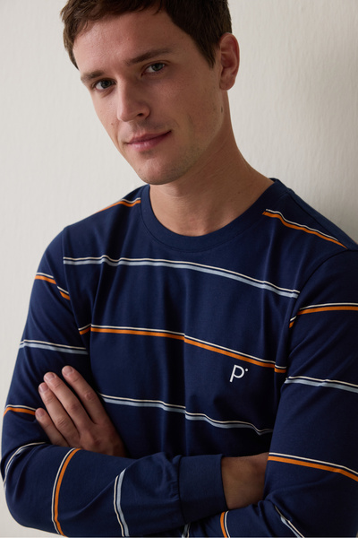 Penti Navy Blue Men's Striped Jogger Pajama Set