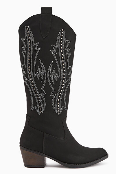Limoya Cizme de damă Fizaro, negre, cu vârf ascuțit, brodate Western, cowboy