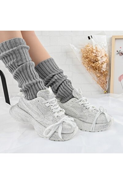 Tmall Pantofi sport pentru femei, din piele ecologică, cu strasuri, D1397, albi