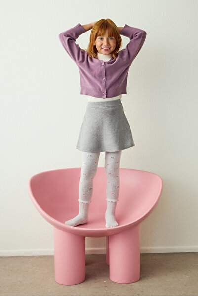 Penti Light Gray Girls' Ruffled Floral 100 Denier Cotton Pantyhose