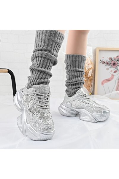 Tmall Pantofi sport pentru femei, din material textil cu pietre, D1381, argintii