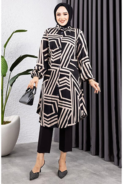 sefamerve Geometric pattern viscose tunic 0173-01 black mink