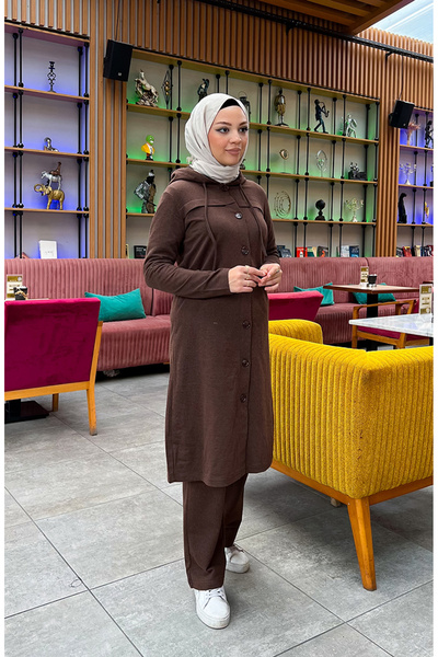 sefamerve Σετ αθλητικής φόρμας με κουμπιά με κουκούλα 3072-11 Καφέ