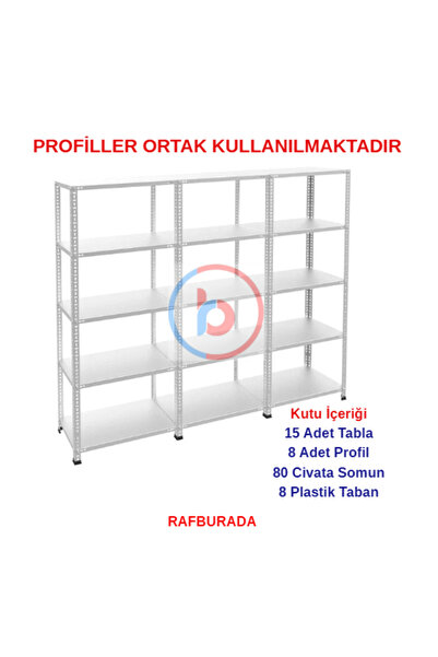RafBurada 5 Katlı 3'lü Bitişik 31x225x200 Cm Galvaniz Çelik Raf - Depo, Arşiv, Kiler, Dosya, Market Rafı