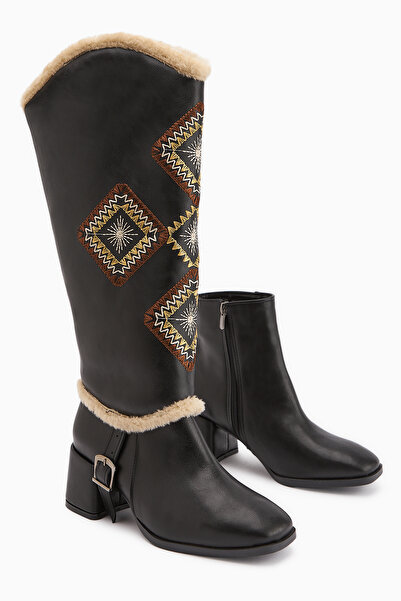 Limoya Hilka Чорні знімні черевики з етнічним візерунком, жіночі ботильйони-ч...