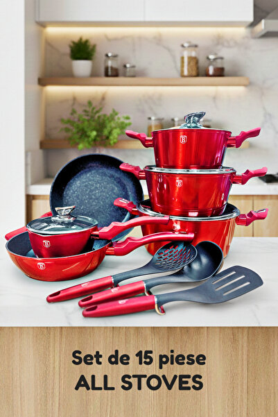 Berlinger 15 Pcs Nonstick Cookware Set Pots Pans Marble Coating Burgundy Metallic Line