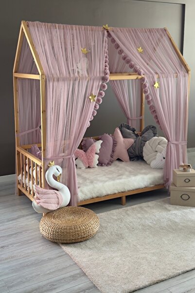 Miniden Pastel Pembe Çift Perdeli Montessori Yatak Cibinliği Montessori Cibinlik