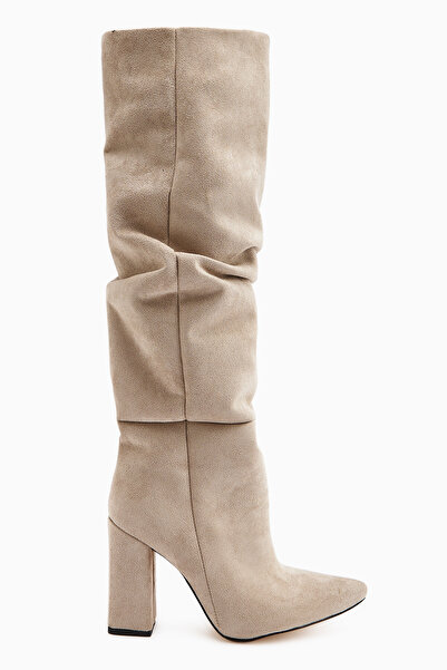 Limoya Cizme de damă Loren Bej din piele intoarsa cu toc inalt pana la genunchi