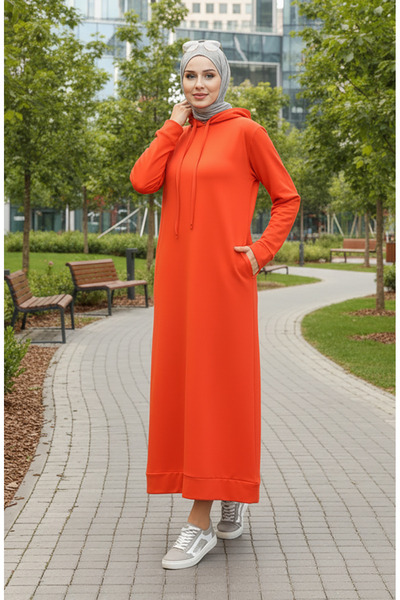 sefamerve Orange Hooded Sports Dress - 0190-02, Two Thread