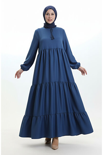 sefamerve Collar Lace-Up Layered Dress 4107-15 Navy Blue