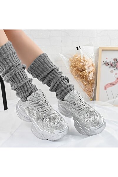 Tmall Pantofi sport pentru femei, din material textil cu pietre, D1381, argintii