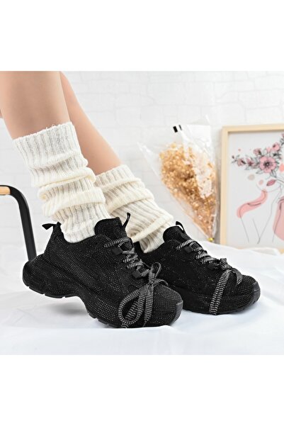 Tmall Pantofi sport pentru femei, din piele întoarsă, cu strasuri, D1397, negri