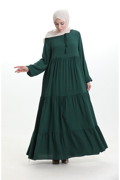 sefamerve Collar Lace-Up Layered Dress 4107-13 Emerald Green