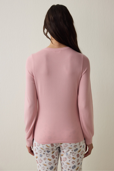 Penti Pembe Tea Party İçecek Desenli Bisiklet Yaka Uzun Kollu Pijama Üstü