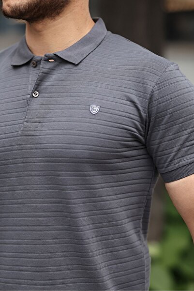 COMBİNE MİCHAİL Tricou cu guler polo pentru bărbați, color fum, slim fit - 100% bumbac