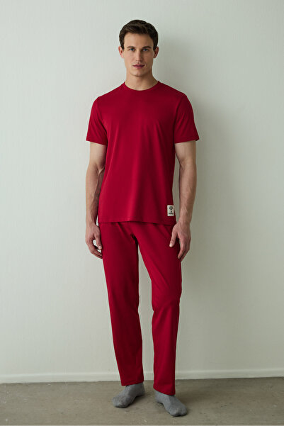 Penti Bordo Erkek Slogan Baskılı Kısa Kollu Pamuklu Pijama Takımı