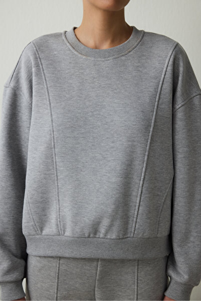 Penti Gray Melange Curvy Side Crew Neck Oversize Short Sweatshirt
