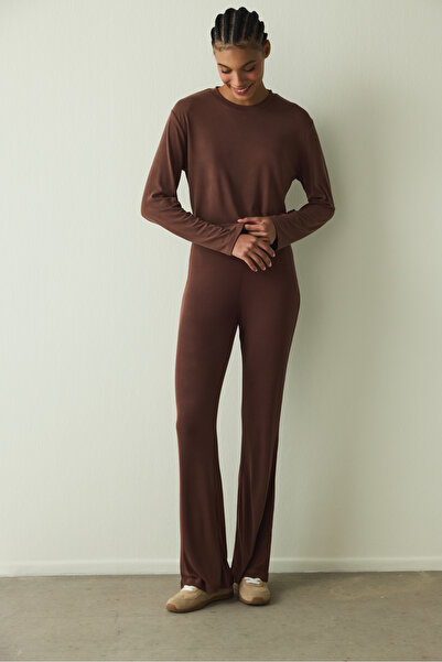 Penti Cappuccino Ribbed Modal Loose Cut Crew Neck Crop Top