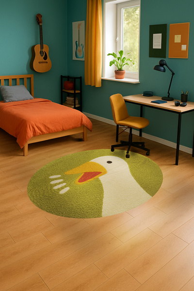 Rugs Modern Halı MOSSO Yeşil Temalı Ördek Figürü Desenli Dokuma Taban Modern ...