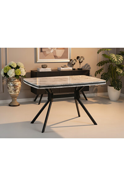 DENGEMA Koza Dikdörtgen Masa – Gri Mermer, Siyah Ayak, 80×120 cm (Sandalyesiz)