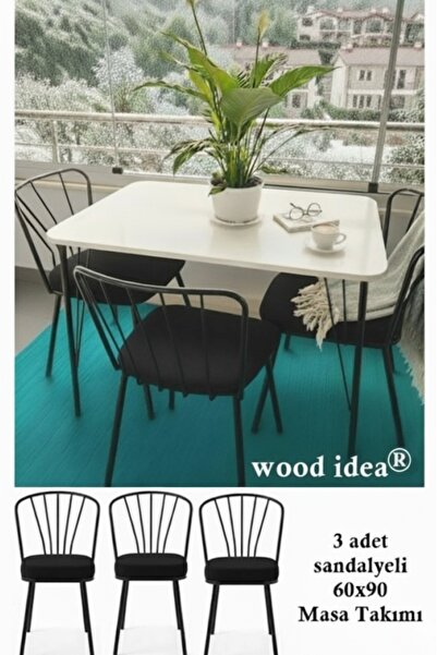wood idea Masa takımı 60x90 beyaz 3 sandalyeli balkon mutfak masası