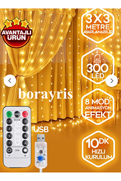 WoxoTedarik 8 Fonksıyonlu 300 Ledli Perde Led Sarkıt Led 3x3 metre borayris