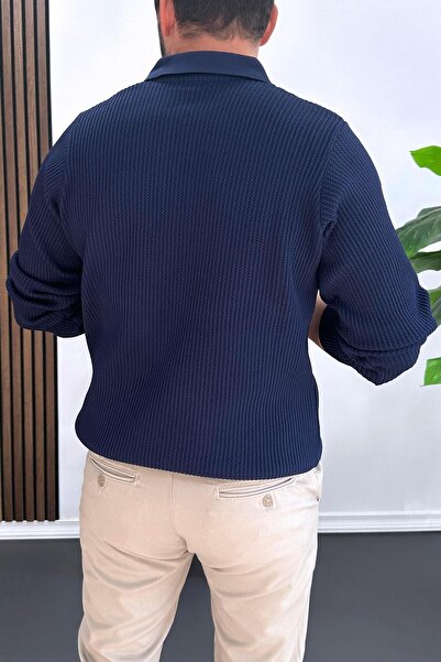 Edwox Men's Patterned Stretch Fabric Zippered Sweater Navy Blue Edw428