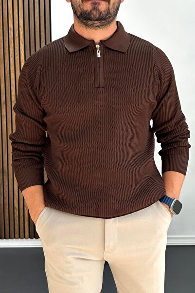 Edwox Men's Patterned Stretch Fabric Zippered Sweater Brown Edw428