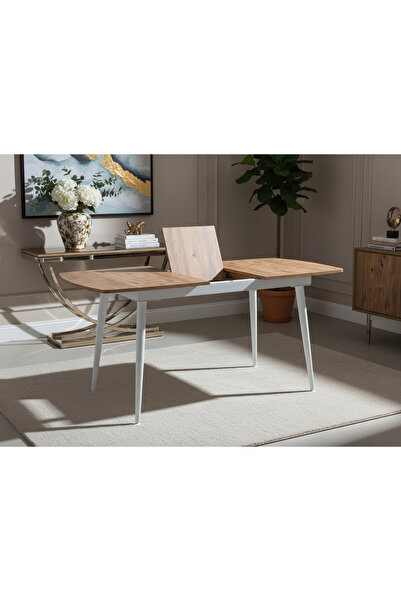DENGEMA Milano Açılır Dikdörtgen Masa – Ceviz Desen, Beyaz Ayak, 80×125 → 165 cm, 4–6 Kişilik (Sandalyesiz)