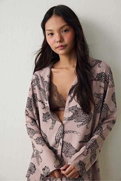 Penti Dark Beige Eva Tiger Print Shirt Collar Pajama Set