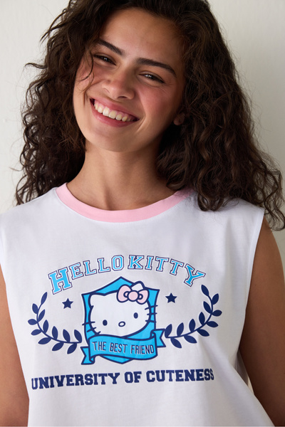 Penti Optisches weißes Sanrio Best Friends-Pyjama-Set aus bedruckter Baumwolle mit Trägershorts