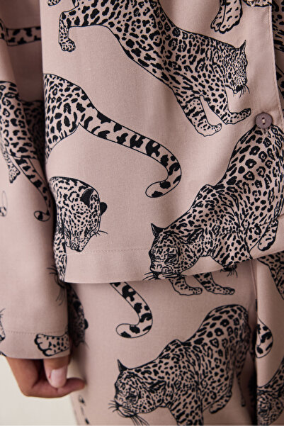 Penti Dark Beige Eva Tiger Print Shirt Collar Pajama Set