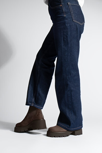 Marjin Women's Thick Heeled Accessory Zippered Elastic Daily Boots Fenros Brown Suede