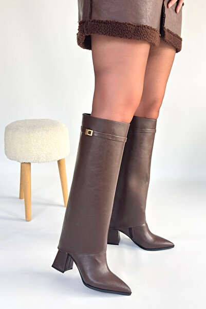 Zerenyus Μπότες με τακούνι Jike Skin, αφαιρούμενες, με ανοιχτό τακούνι, καφέ