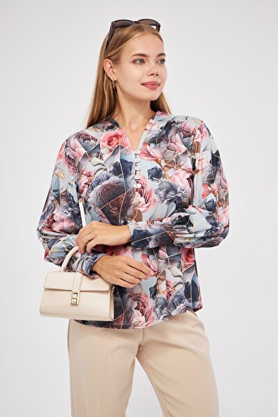 ESPİNA Γυναικεία Ψηφιακή Εμφάνιση Μπροστινή Μπλούζα Scuba με μανσέτα με κουμπιά