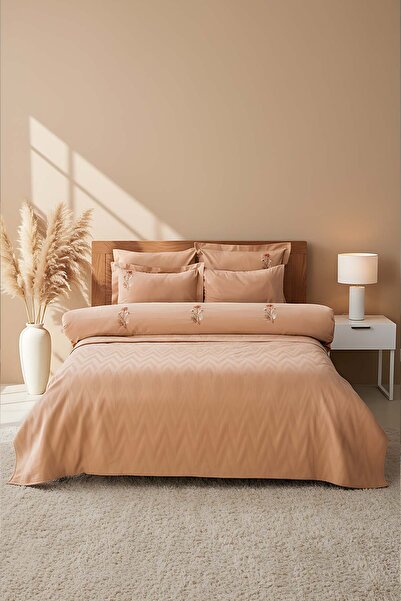 Rivaİstanbul Noris Camel Double 100% Cotton Embroidered Duvet Cover Pique Set - 7 Piece Dowry Set